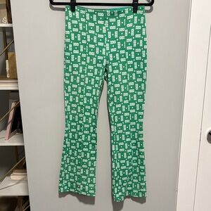 Maeve by Anthropologie Margot Green and White Geometric Flare Pants